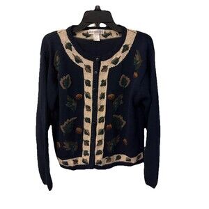VTG DRESSBARN Fall Leaves Embroidered Knit Button Down Cardigan Woman’s L